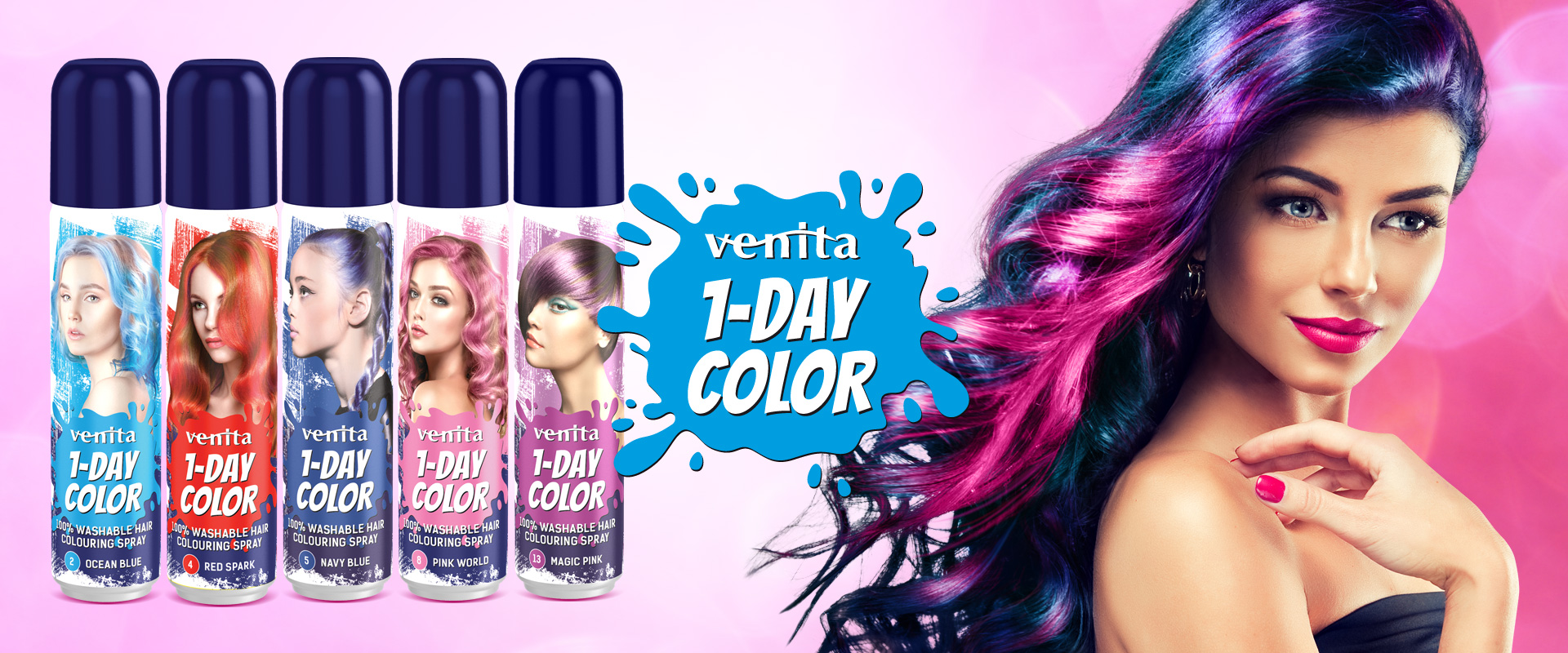 There is a young woman with colorful long hair and one day colour hair sprays