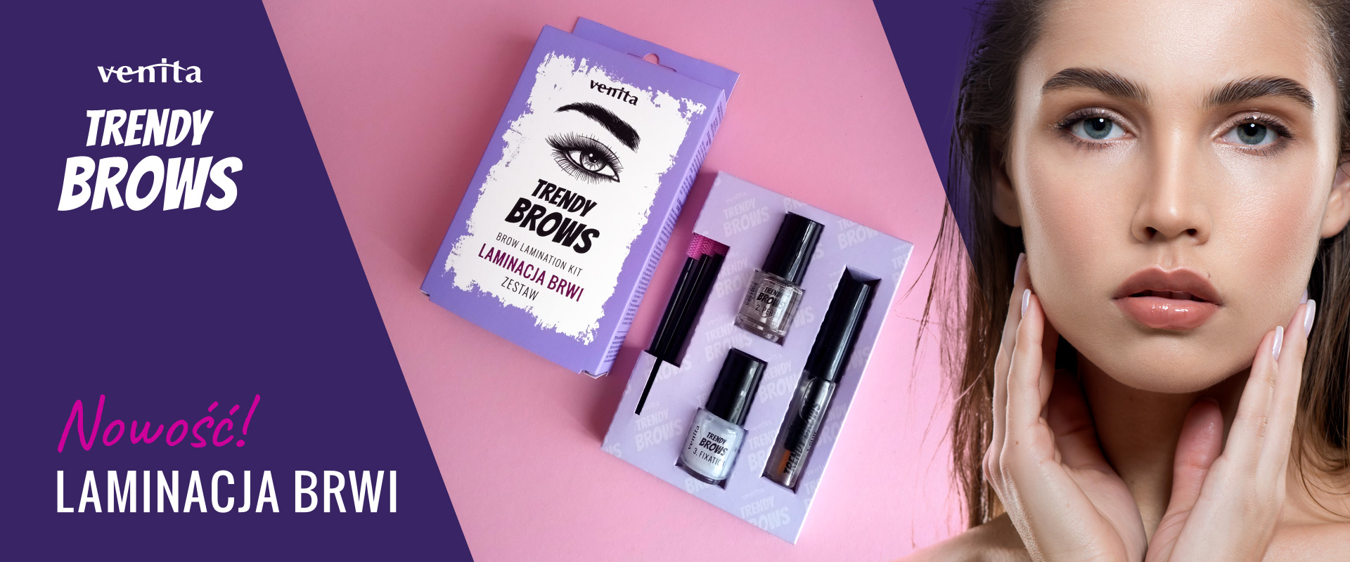 Brow lamination kit packagings and a model with fluffy brows